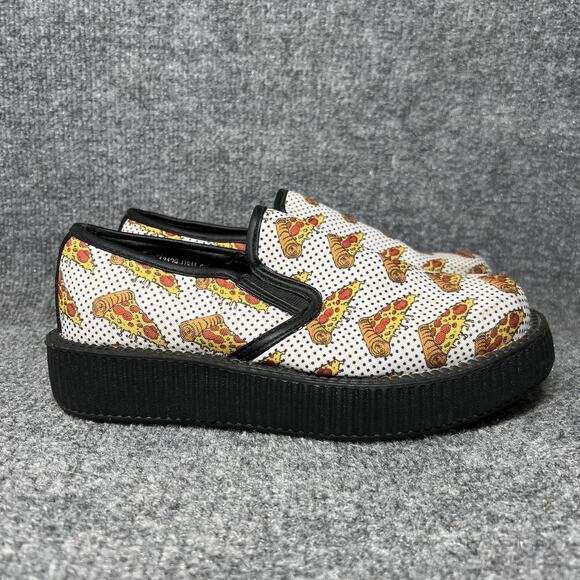 T.U.K Shoes Womens Size 7 White Black Creeper Slip-On Platform Pizza Print EU38 - Picture 1 of 9